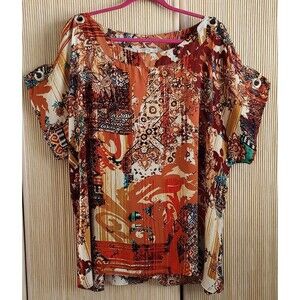 Spense Women's 2X Blouse Cold Shoulder Short Sleeve Pullover Bold Floral Tunic